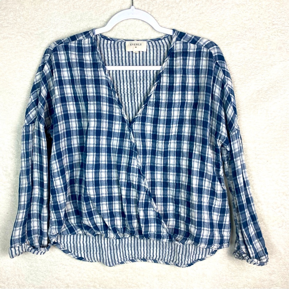 Everyly Shirt Womens Small Blue Cream Plaid Pullover Wrap Blouse‎ Cotton size L